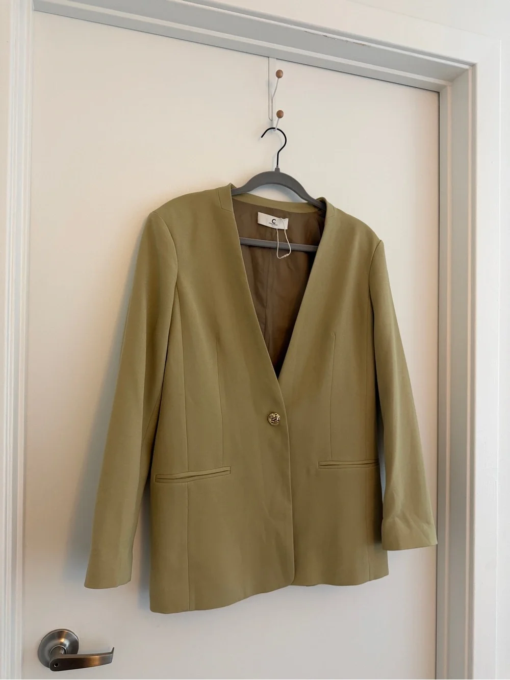 Commense Olive Green V-Neck Single-Button Blazer Gold Buttons